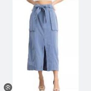 Free People Women's Catching Feelings Front Slit Belted Chambray Skirt Indigo